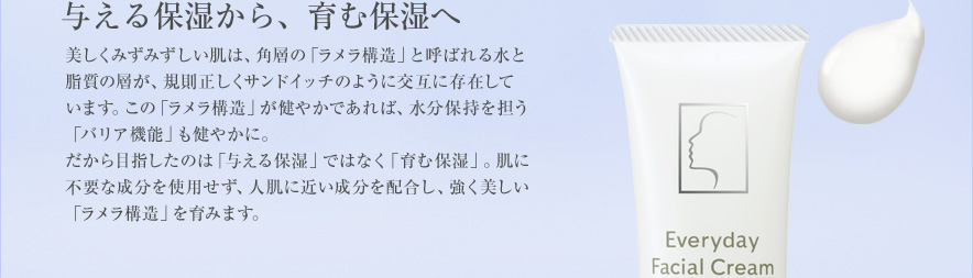 与える保湿から、育む保湿へ 美しくみずみずしい肌は、角層の「ラメラ構造」と呼ばれる水と脂質の層が、規則正しくサンドイッチのように交互に存在しています。この「ラメラ構造」が健やかであれば、水分保持を担ったり、細菌などの異物の侵入を阻む「バリア機能」も健やかに。だから目指したのは「与える保湿」ではなく「育む保湿」。肌に不要な成分を使用せず、人肌に近い成分を配合し、強く美しい「ラメラ構造」を育みます。